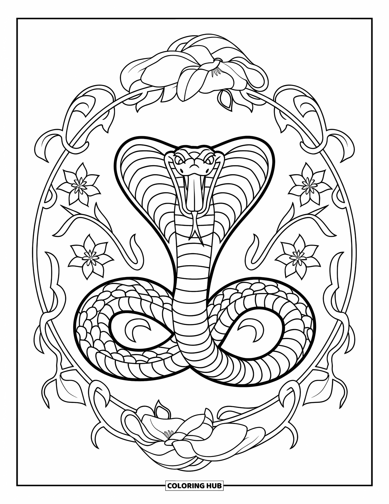 Reptile Coloring Page for Adults: Open-mouthed cobra in a bold circle of blossoms and vines