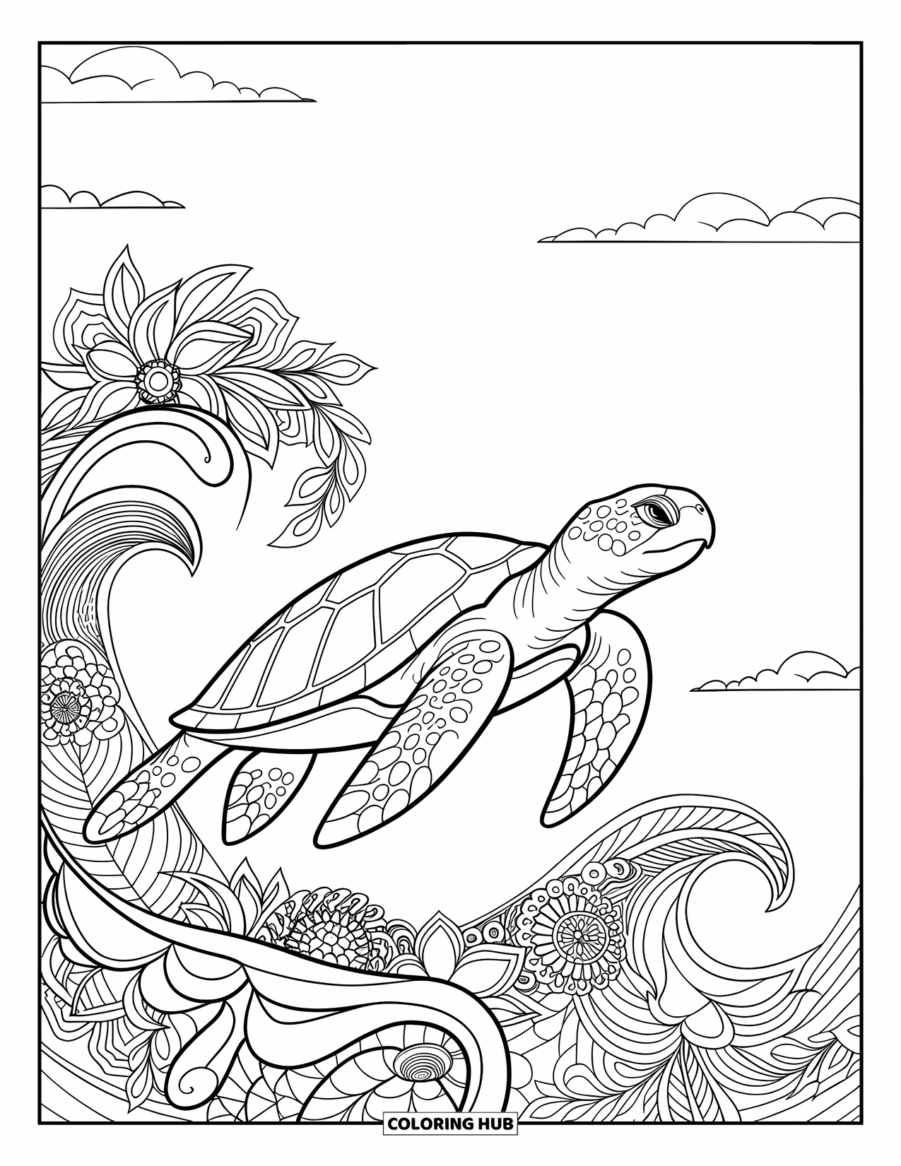 Reptile Coloring Page for Adults: Peaceful turtle floats among flowers, leaves, and wave designs