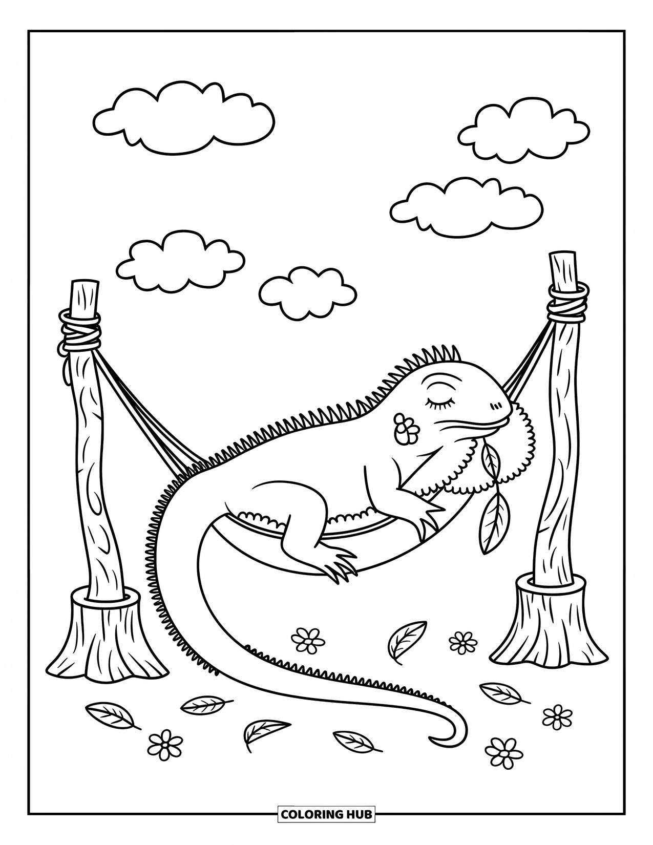 Reptile Coloring Page for Adults: Relaxed iguana swings in a hammock with flowers and fluffy pillows