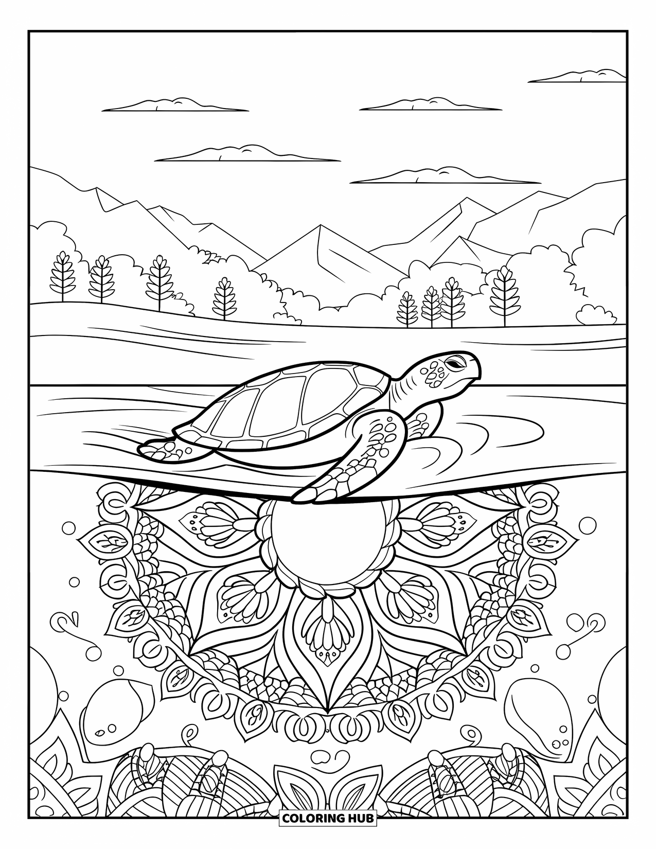 Reptile Coloring Page for Adults: Sea turtle swims across mandala-filled water with mountains and trees