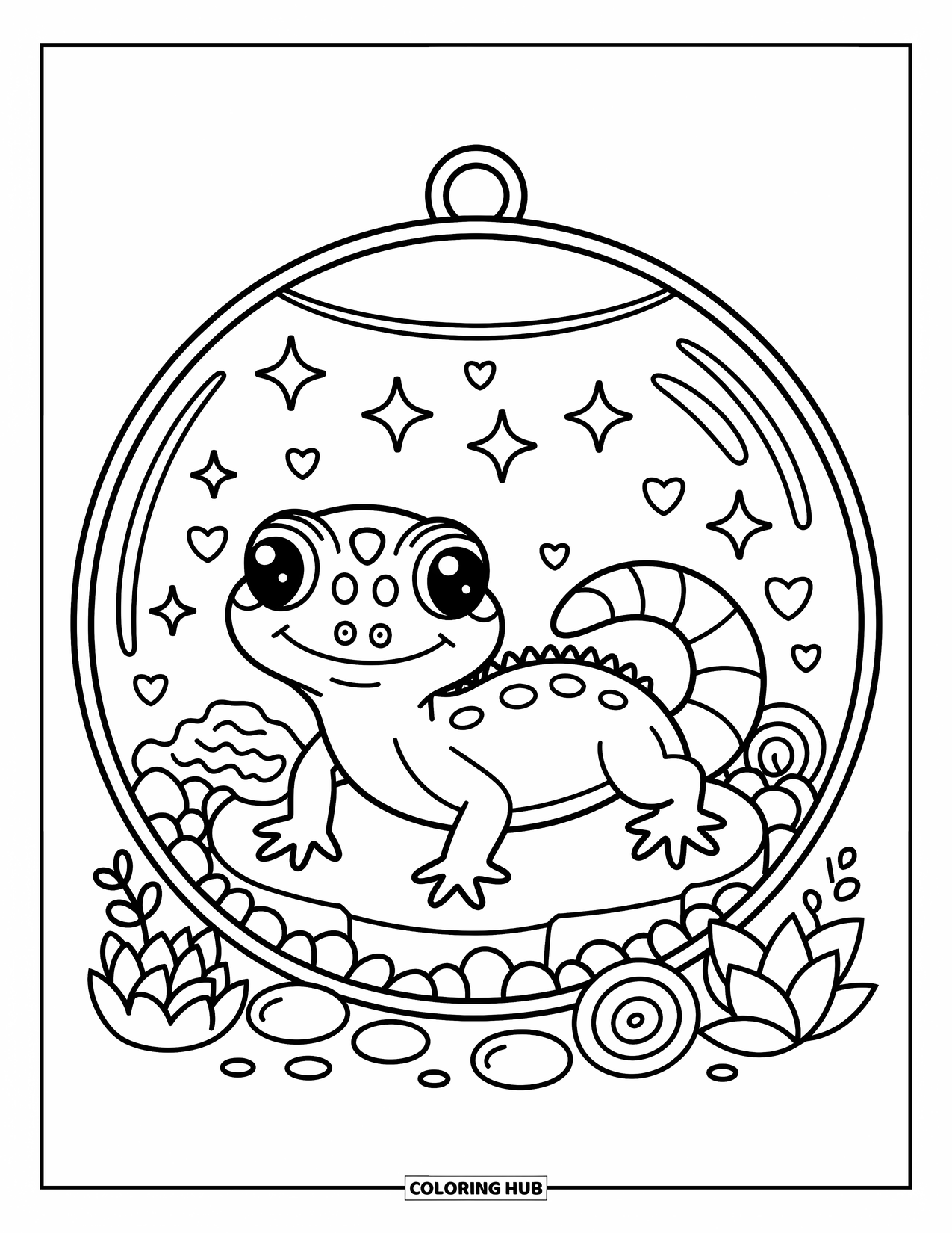 Reptile Coloring Page for Adults: Smiling gecko rests on a log in a warm, decorated glass dome