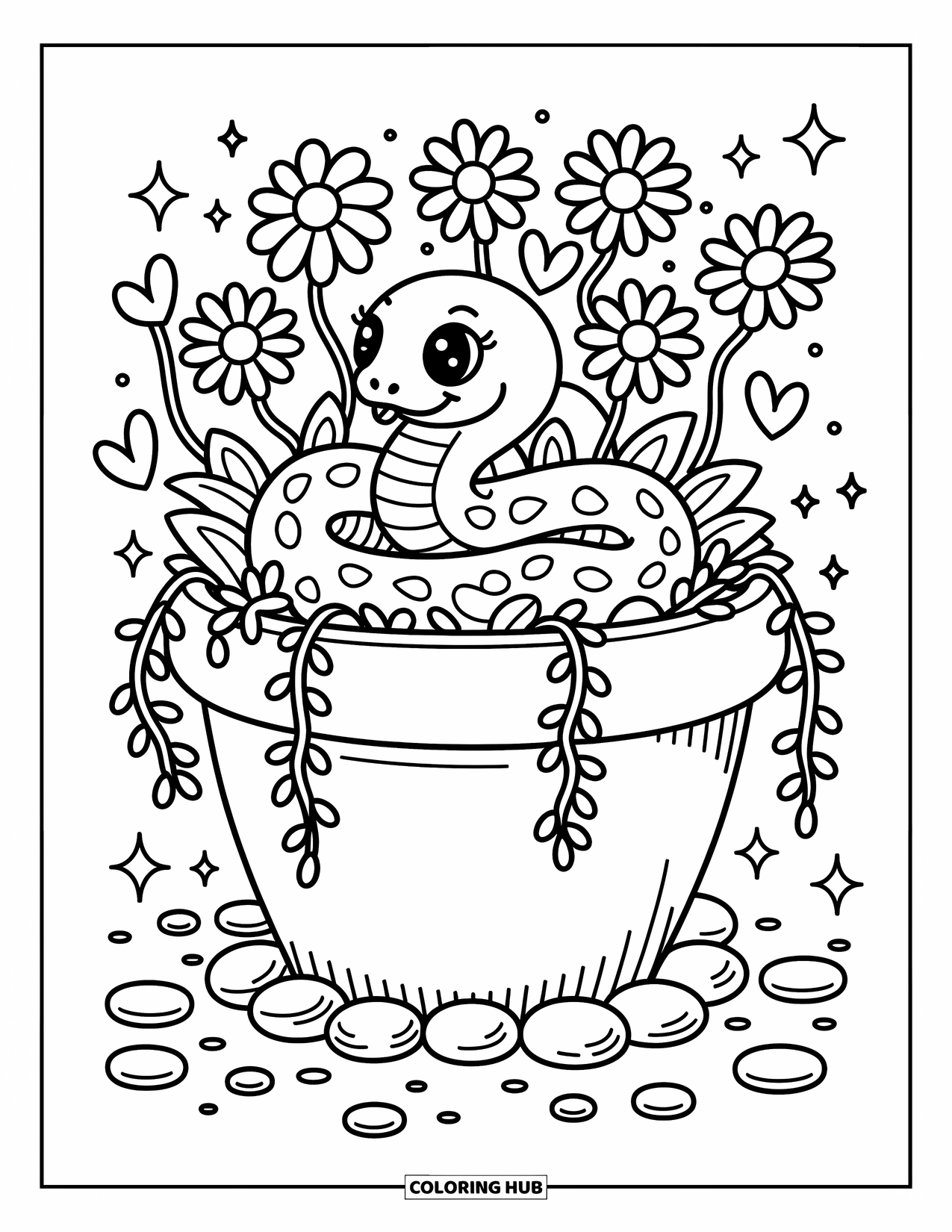 Reptile Coloring Page for Adults: Snake peeks from a flowerpot full of vines and heart-shaped leaves