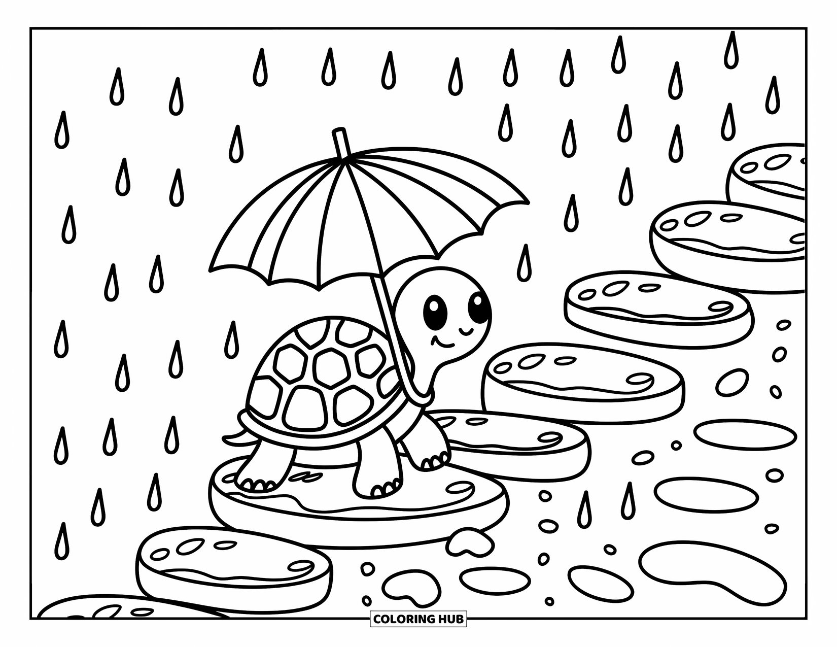 Reptile Coloring Page for Adults: Tortoise holds a big leaf over its head while stepping through gentle rain