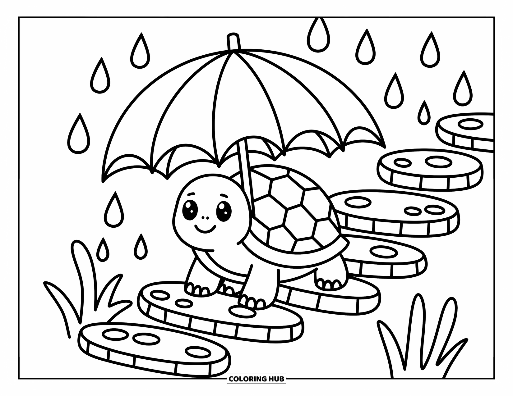 Reptile Coloring Page for Adults: Tortoise walks with a leaf umbrella as raindrops splash on a cobbled path