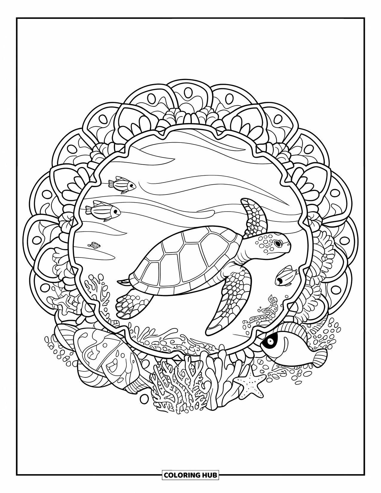 Reptile Coloring Page for Adults: Turtle in a floral ocean circle with fish, coral, and starfish