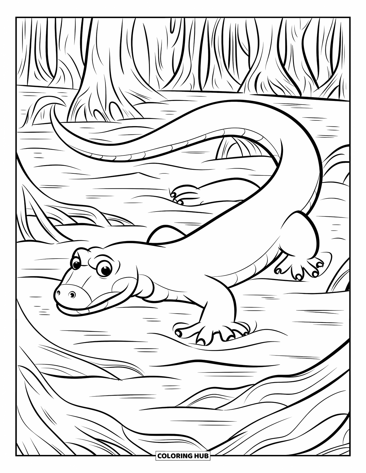 Reptile Coloring Page for Kids: Anaconda with green scales coils in a dense swamp
