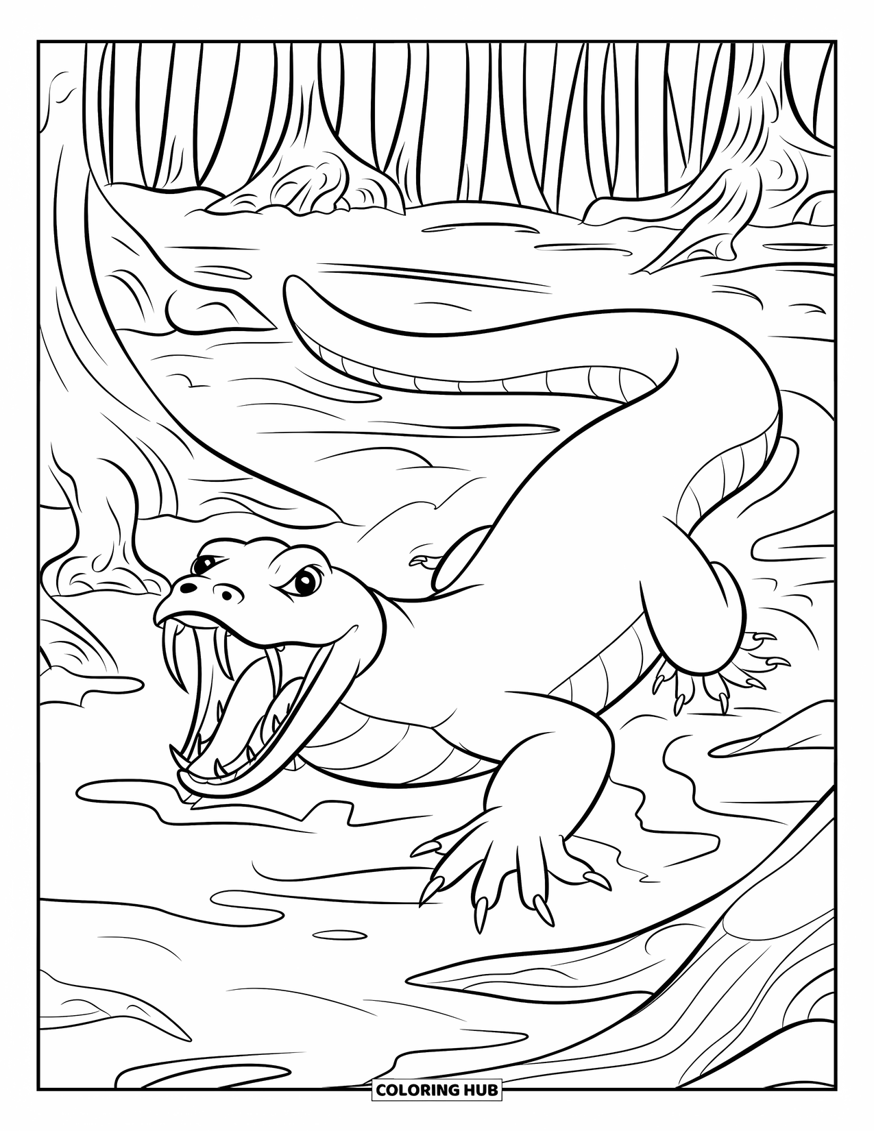 Reptile Coloring Page for Kids: Anaconda with open mouth slides through muddy forest terrain