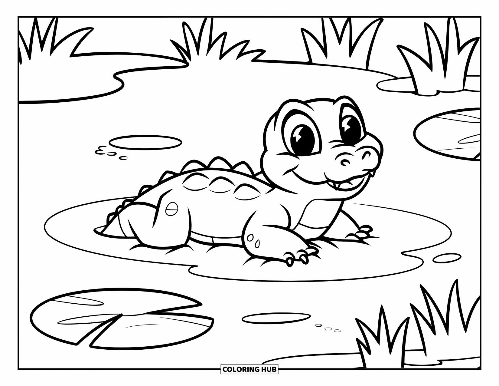 Reptile Coloring Page for Kids: Baby crocodile lounges in water beside a lily pad