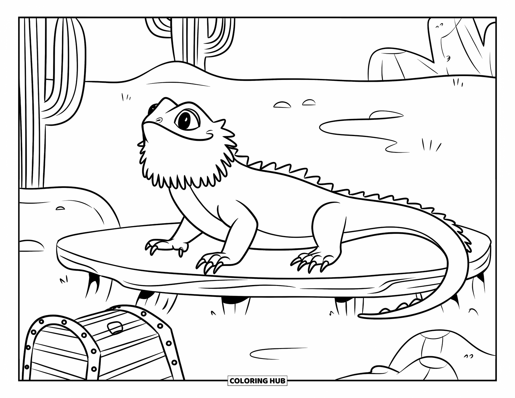 Reptile Coloring Page for Kids: Bearded dragon near cactus, rocks, and treasure in the sandy desert
