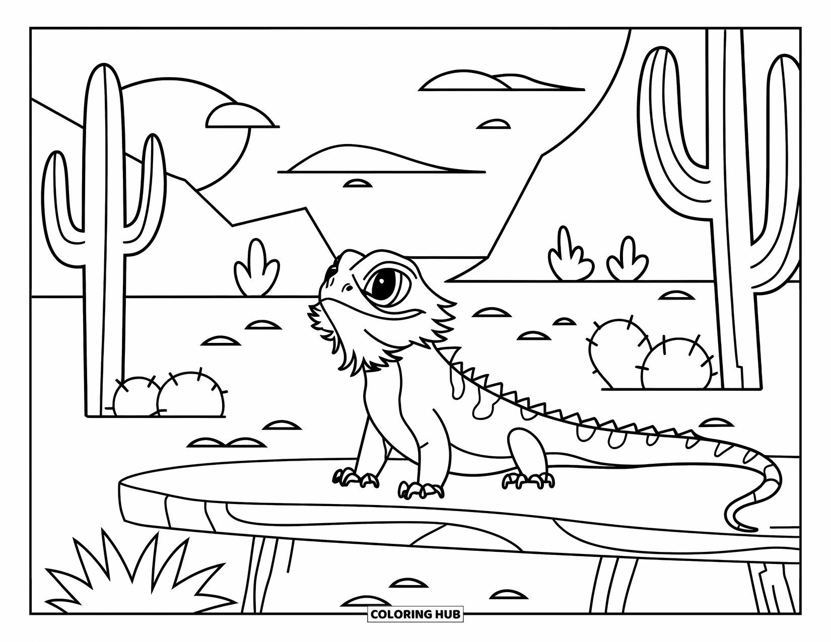 Reptile Coloring Page for Kids: Bearded dragon on a log with desert cacti and rocks