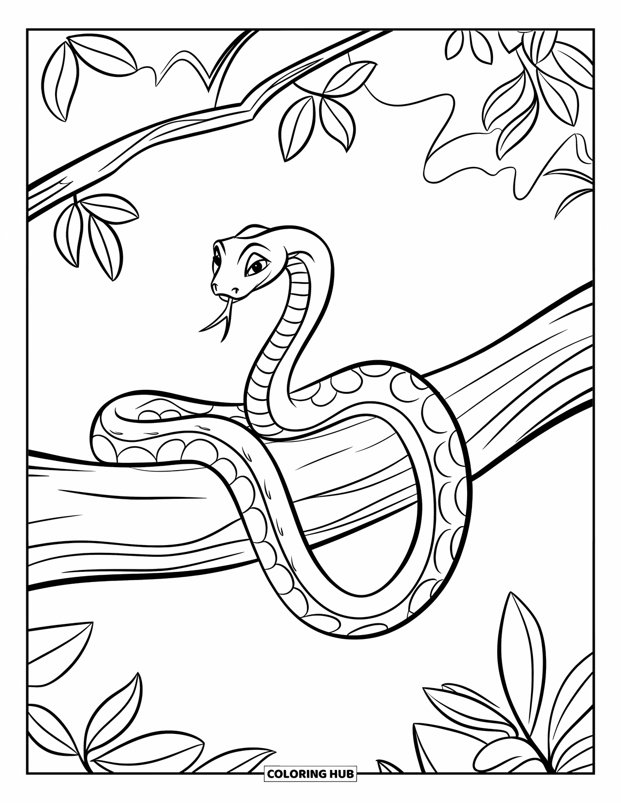 Reptile Coloring Page for Kids: Boa constrictor curls on a thick tree branch with a few leaves