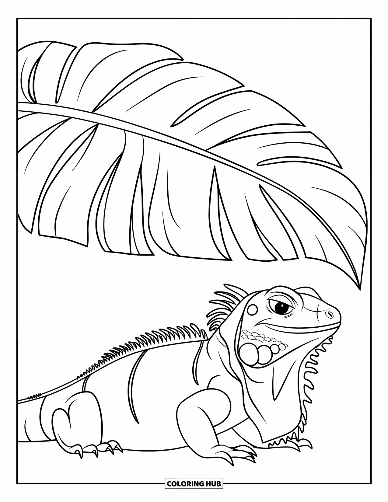 Reptile Coloring Page for Kids: Calm iguana rests under a large tropical leaf