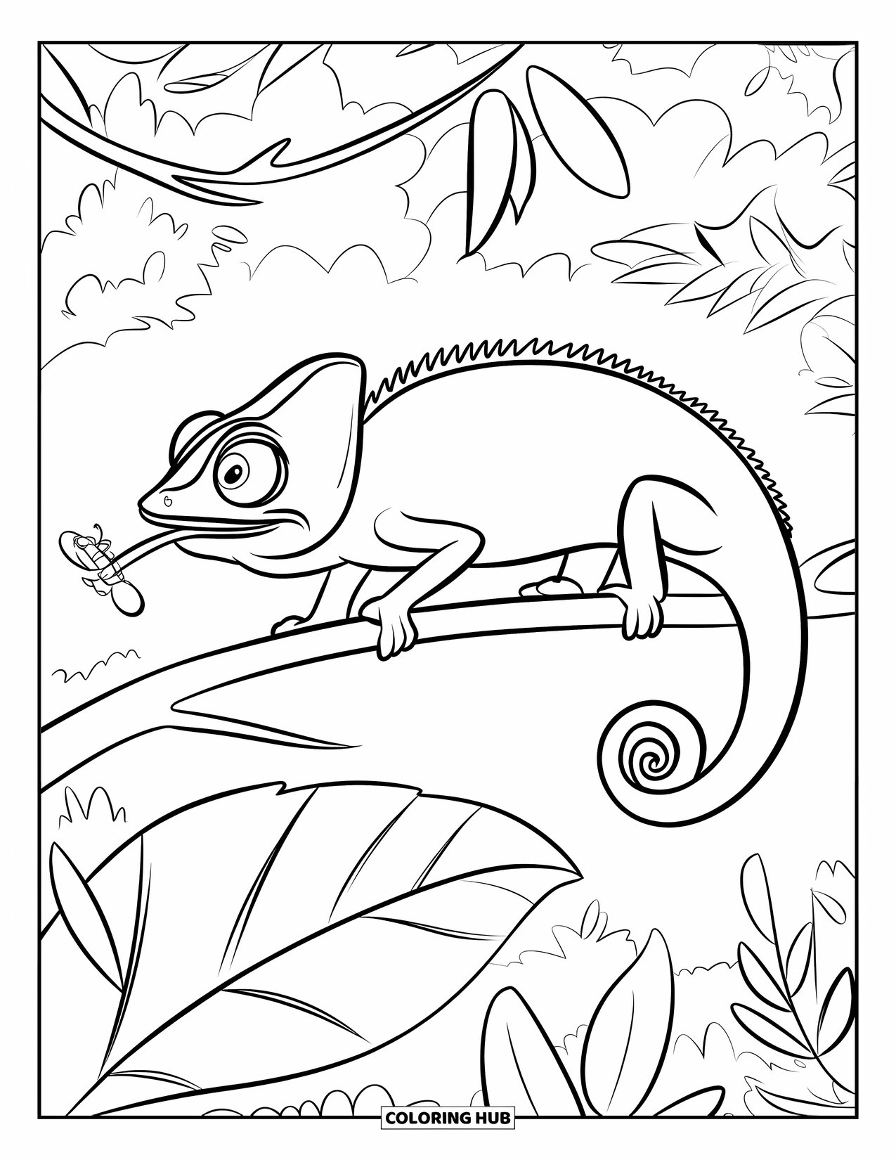 Reptile Coloring Page for Kids: Chameleon stretches for a bug in a leafy green forest