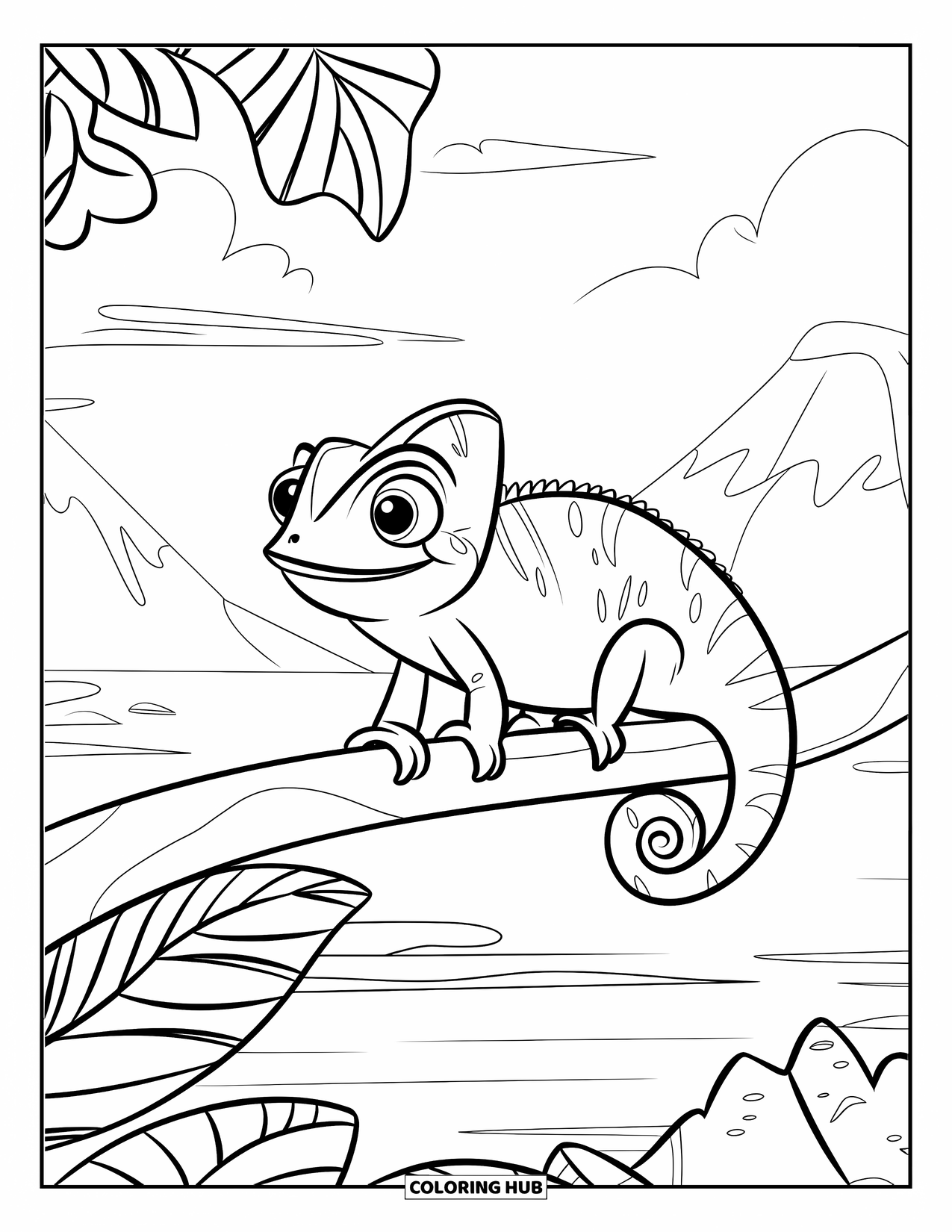 Reptile Coloring Page for Kids: Chameleon with big eyes sits on a leafy branch near a lake