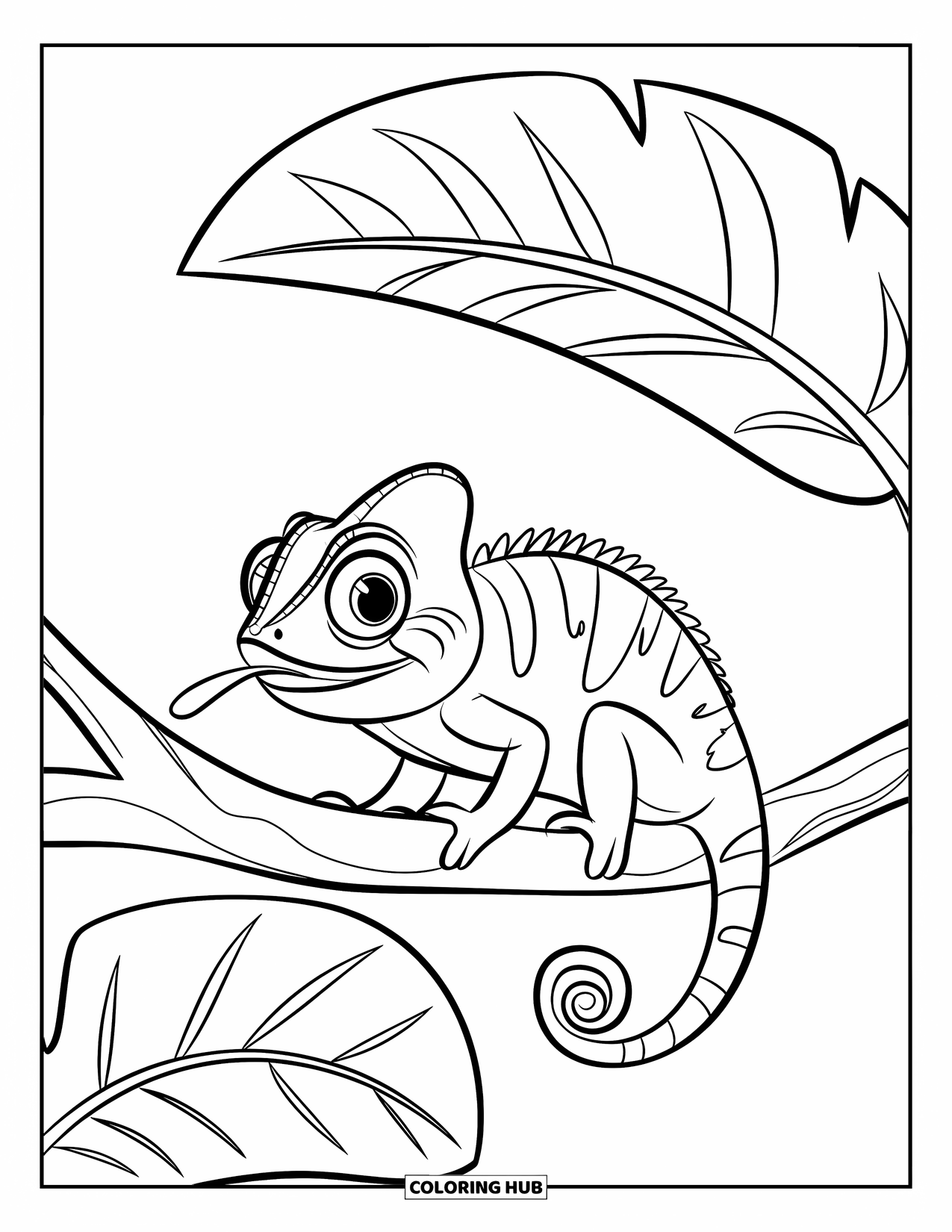 Reptile Coloring Page for Kids: Chameleon with tongue out rests on a branch with leafy details