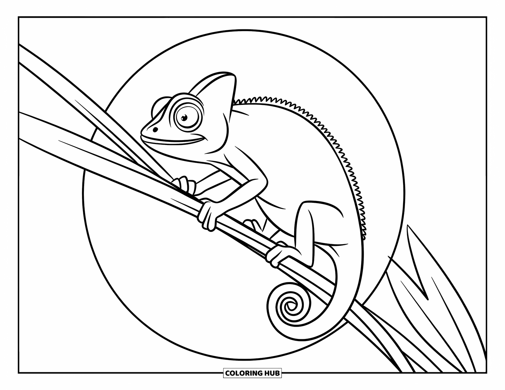 Reptile Coloring Page for Kids: Chameleon wraps tail around leaves while climbing in a forest