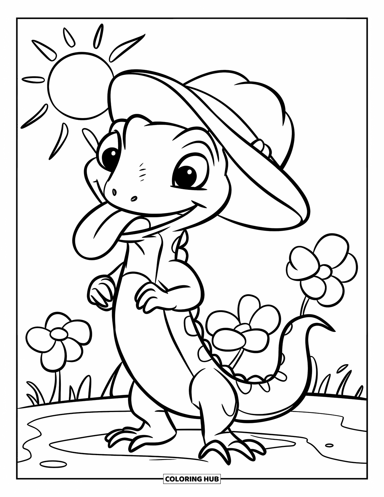 Reptile Coloring Page for Kids: Cheerful lizard wearing a hat stands in sunshine with flowers