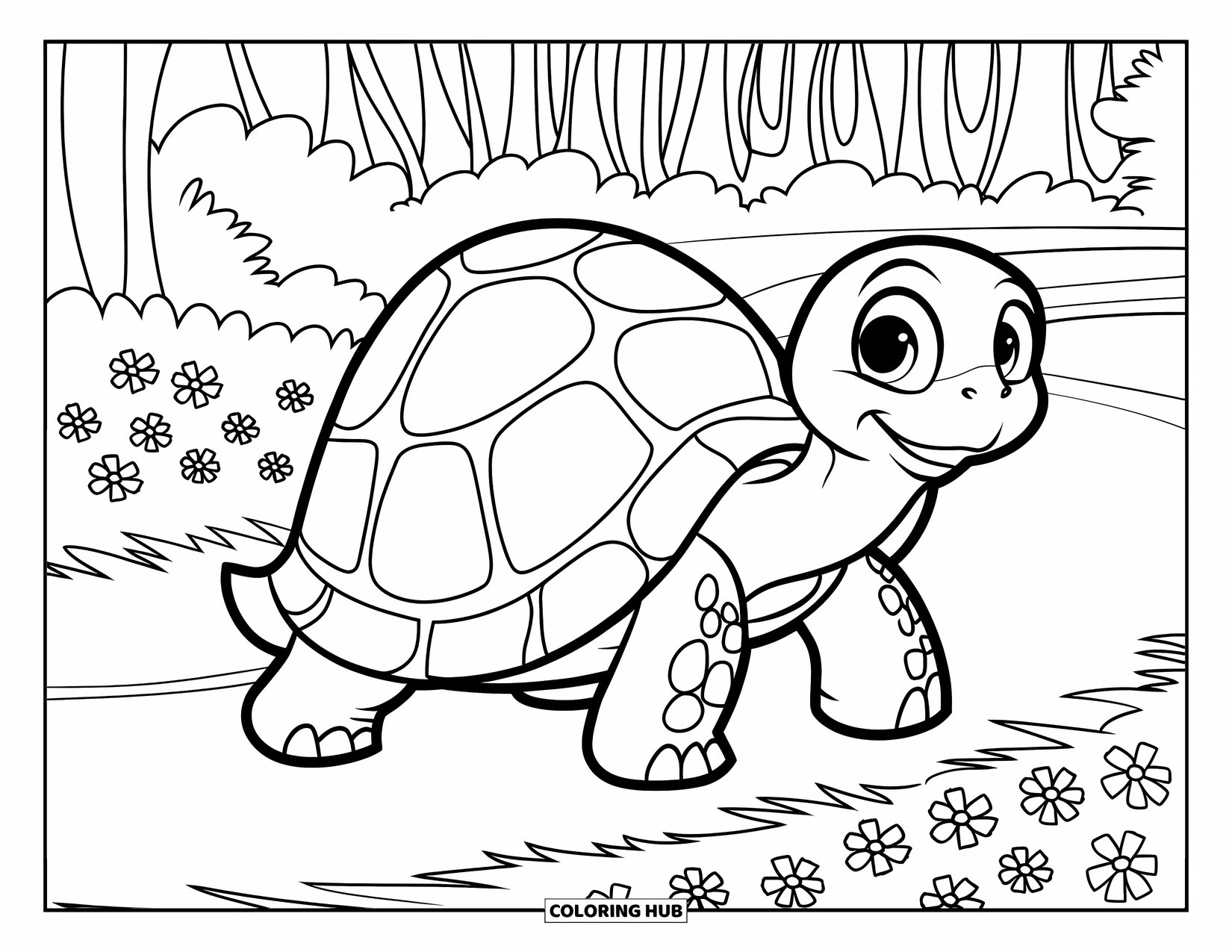 Reptile Coloring Page for Kids: Cheerful tortoise with big eyes walks near flowers and tall trees