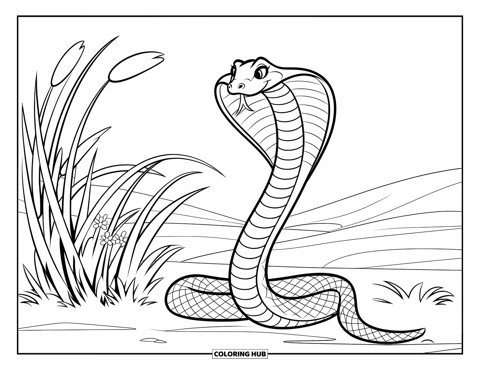 Reptile Coloring Page for Kids: Cobra with coiled body stands tall in a peaceful hillscape