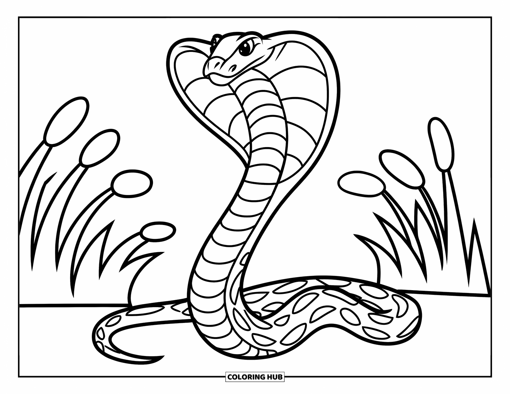 Reptile Coloring Page for Kids: Cobra with oval body patterns stands near short rounded grass
