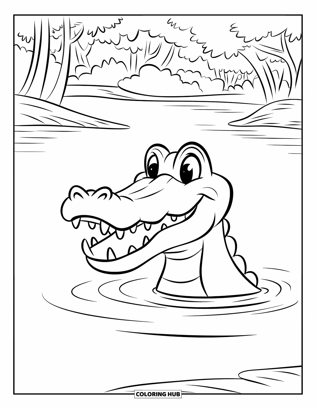 Reptile Coloring Page for Kids: Crocodile smiles while resting in a peaceful river scene