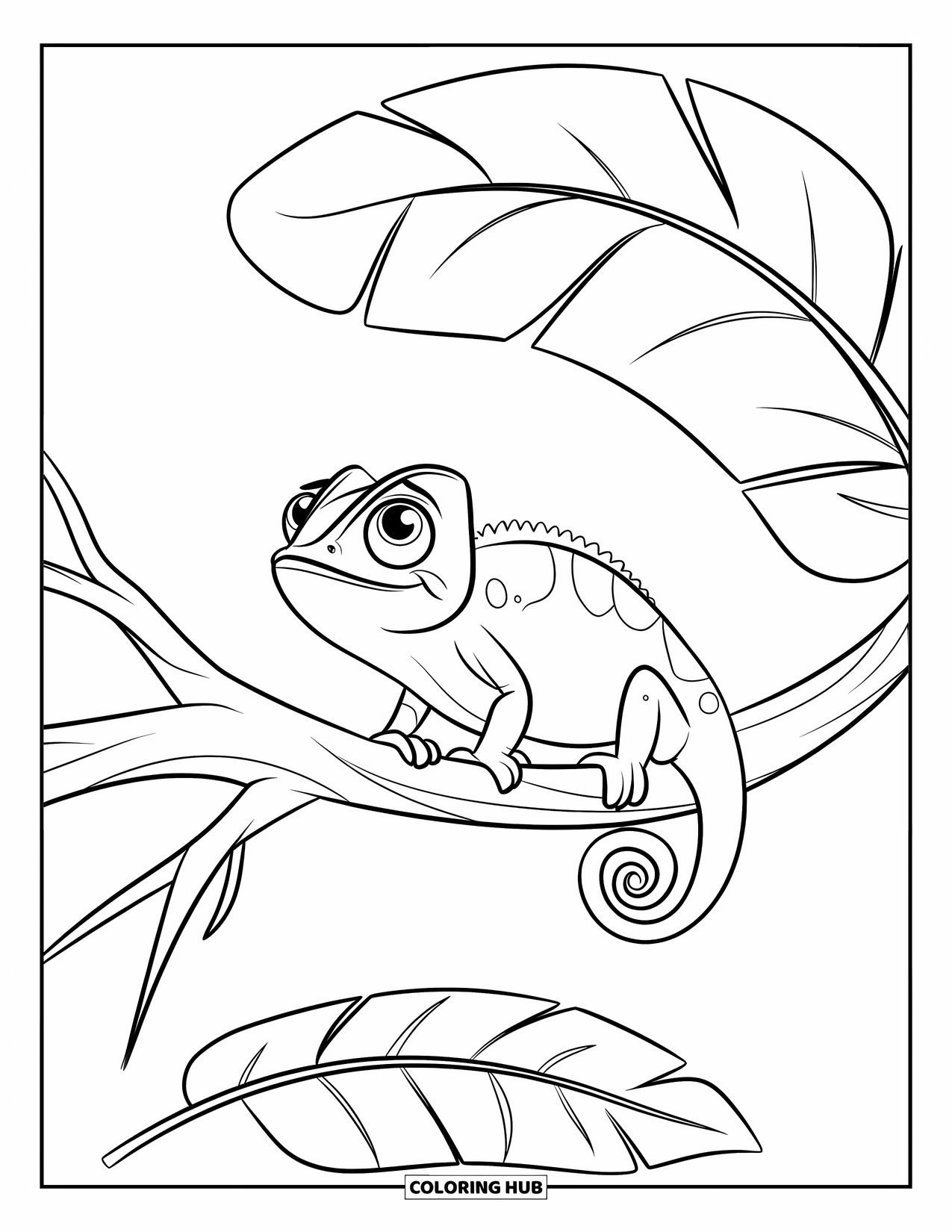 Reptile Coloring Page for Kids: Cute chameleon sits on a branch with two big leaves