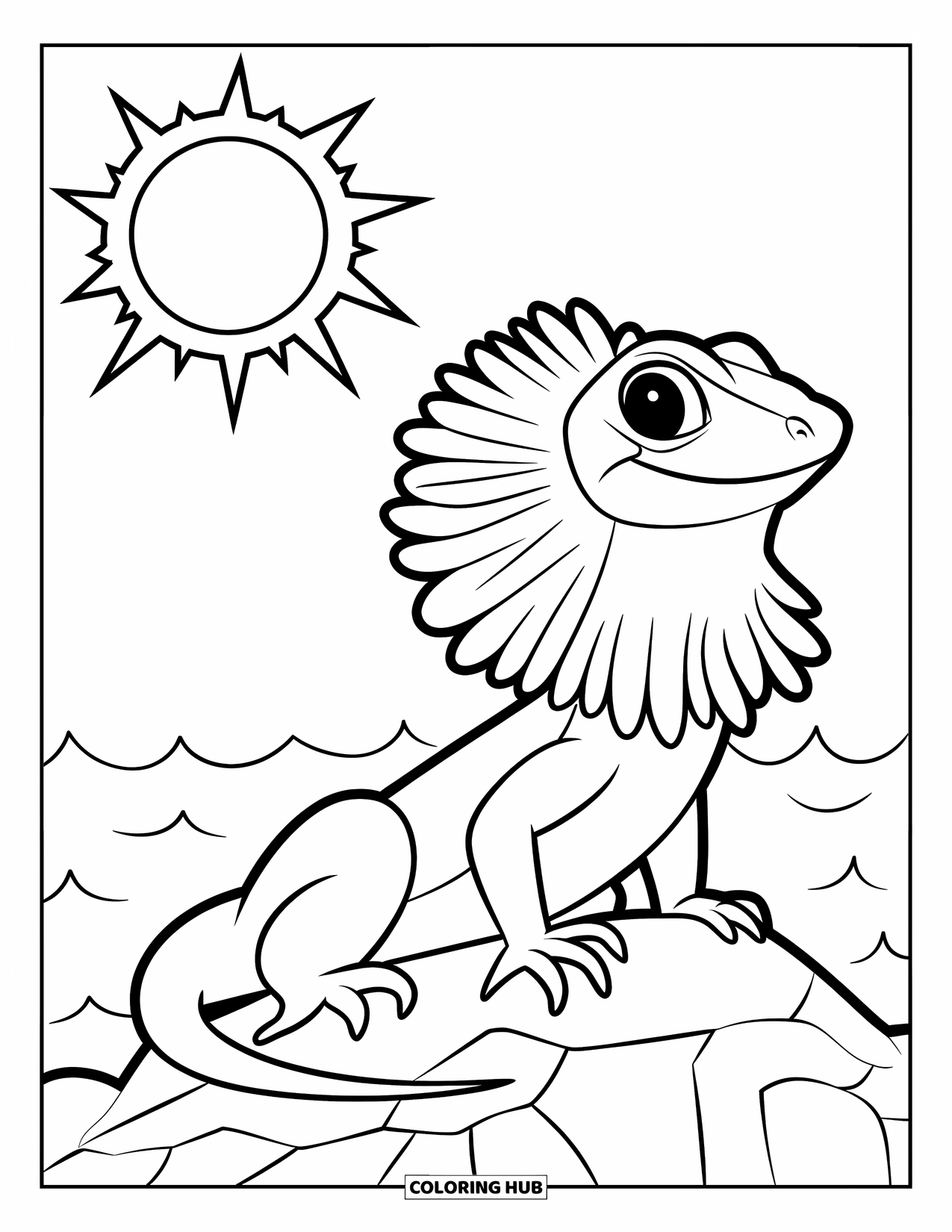 Reptile Coloring Page for Kids: Frilled lizard sits on a sunlit rock with waves behind it