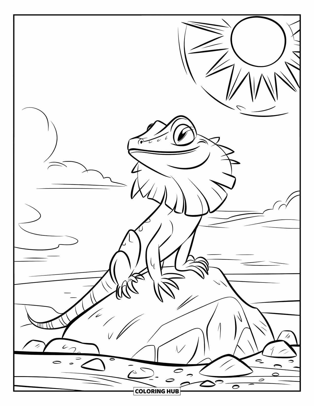 Reptile Coloring Page for Kids: Frilled lizard with raised frill basks under a few fluffy clouds