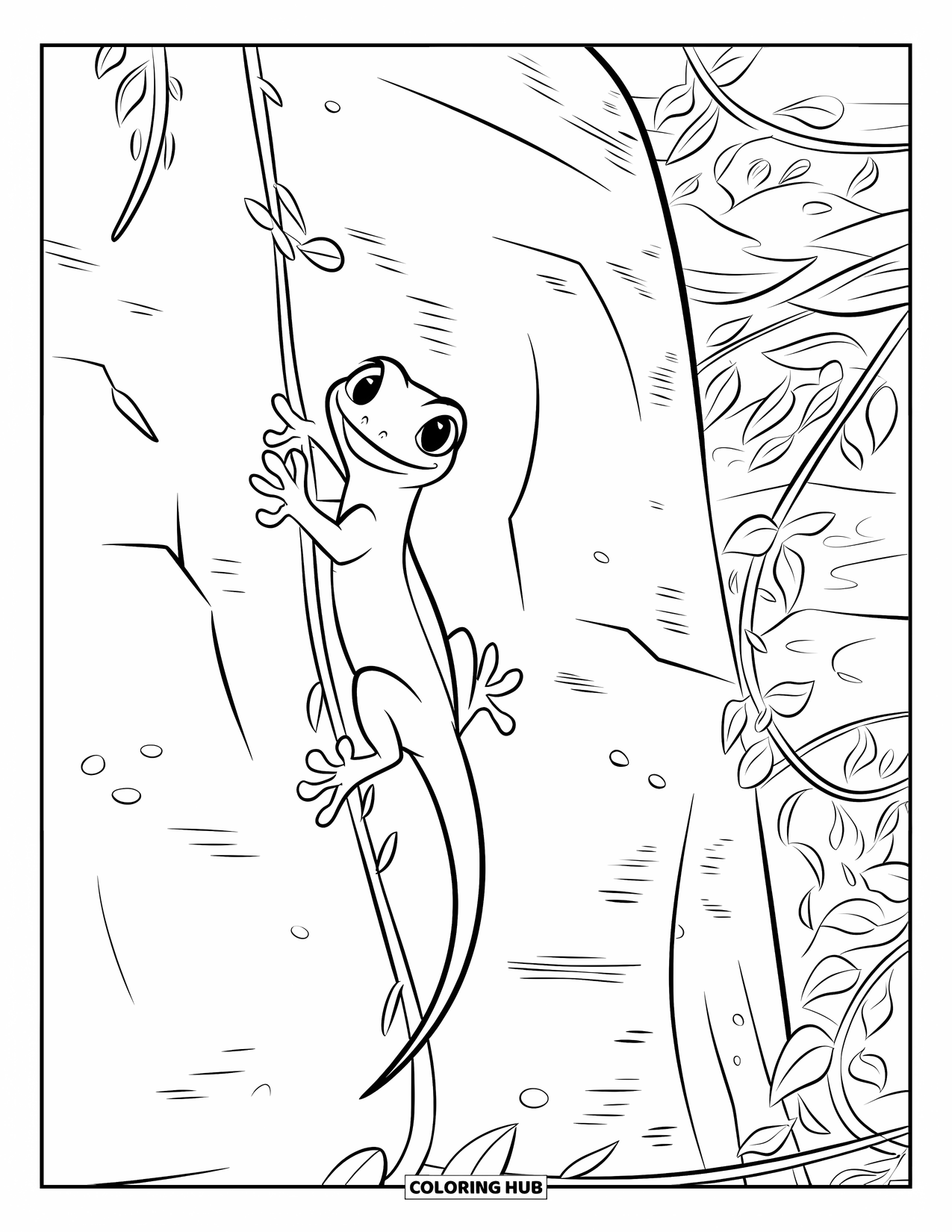 Reptile Coloring Page for Kids: Gecko climbs a cracked wall with leafy vines