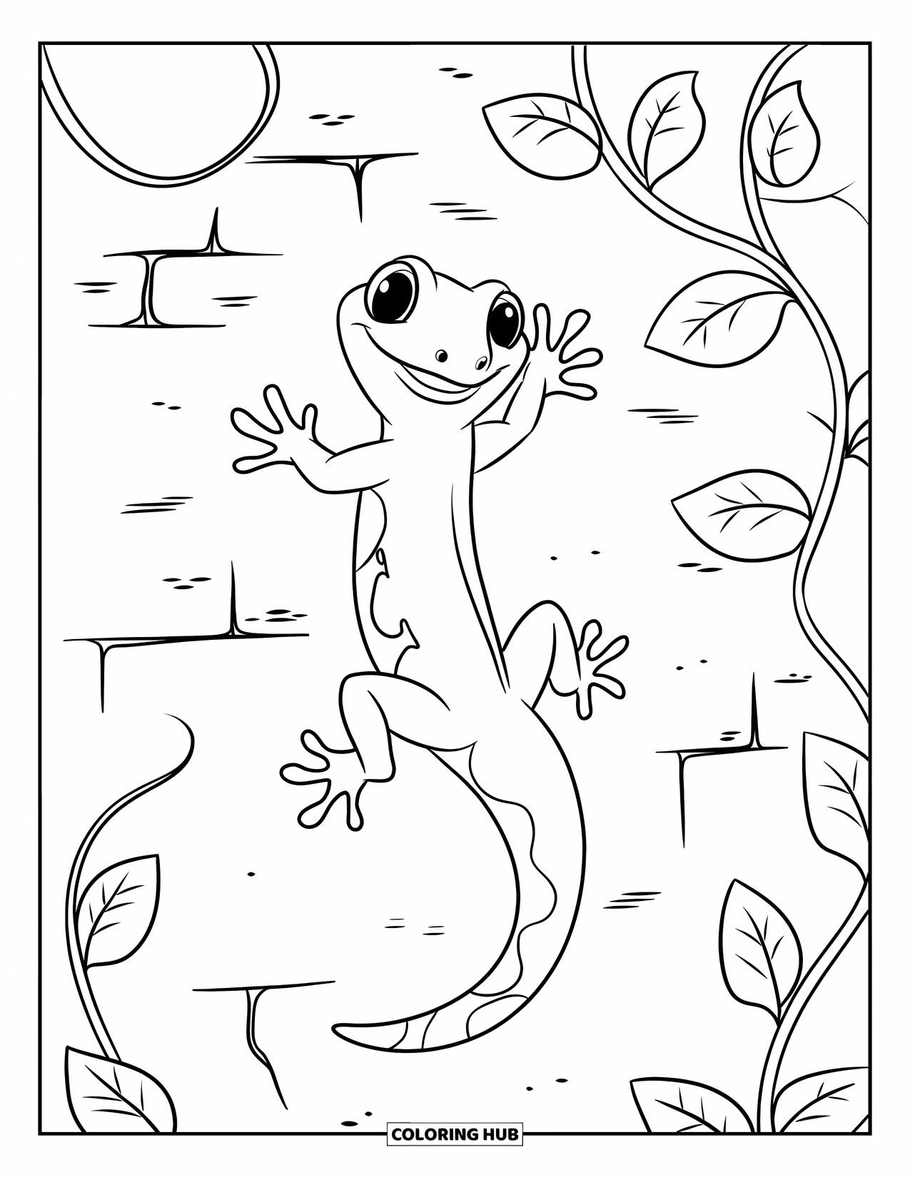 Reptile Coloring Page for Kids: Gecko climbs cracked wall with bold vines and big eyes