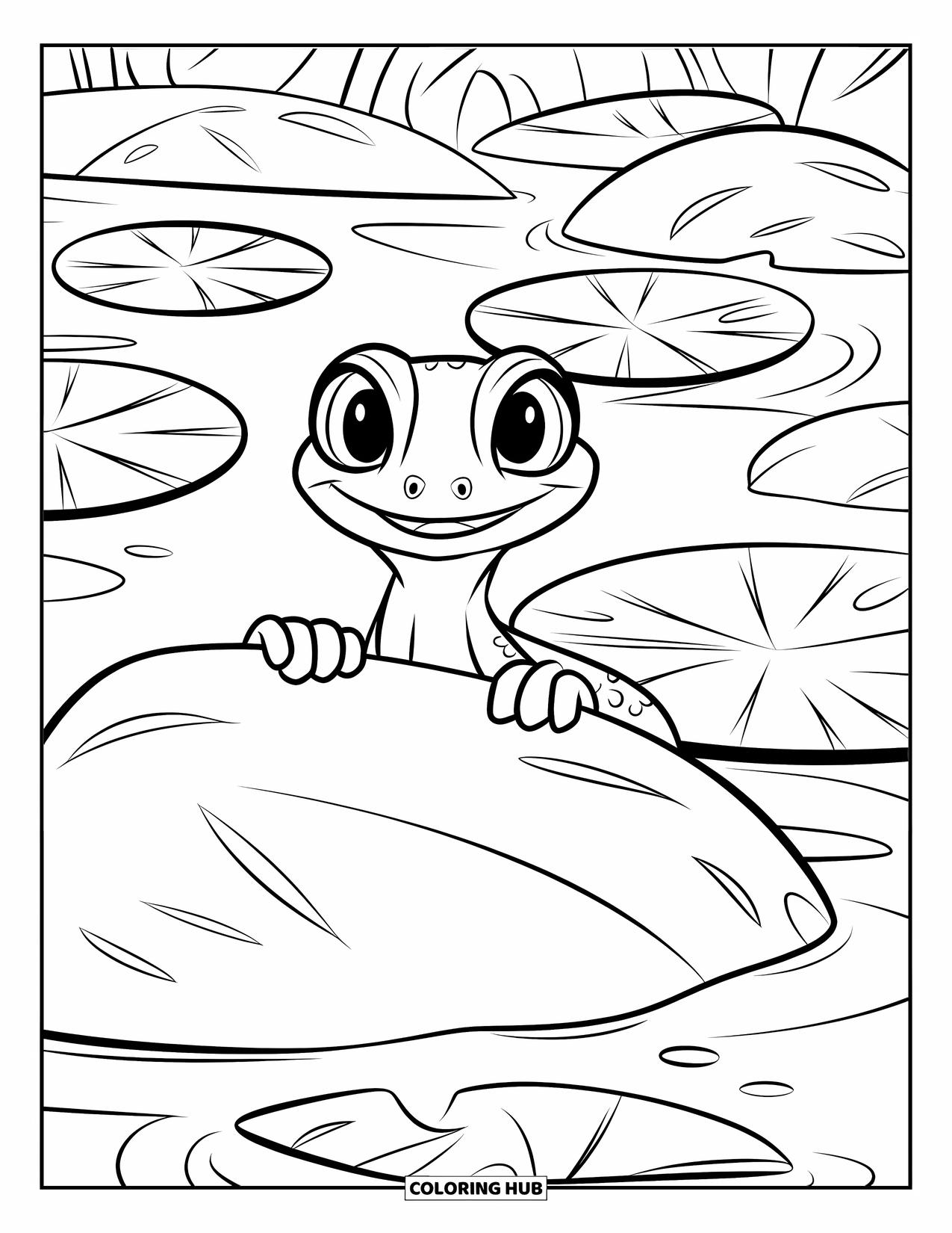 Reptile Coloring Page for Kids: Gecko peeks from a rock surrounded by lily pads and water