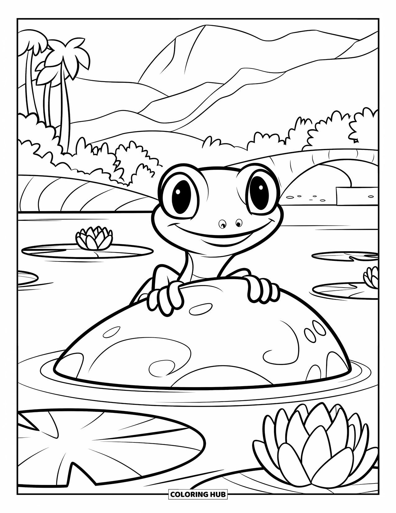 Reptile Coloring Page for Kids: Gecko with big eyes sits on a lily pad in a lake