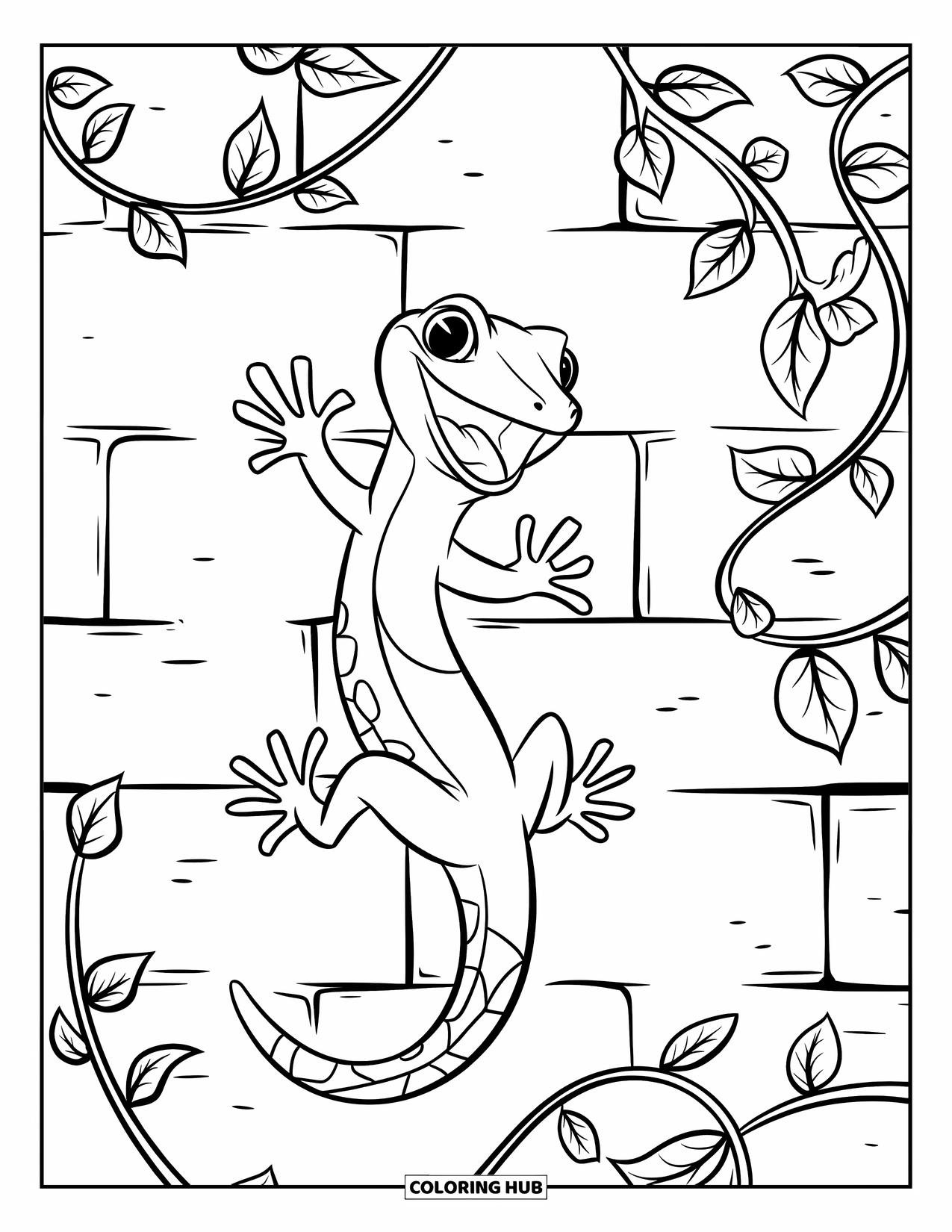 Reptile Coloring Page for Kids: Gecko with spread toes climbs a vine-covered wall