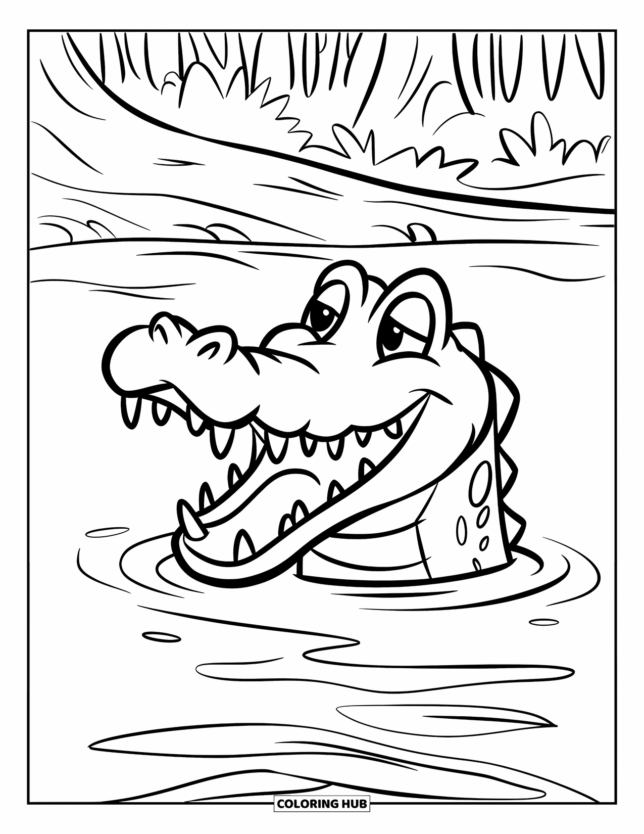 Reptile Coloring Page for Kids: Grinning crocodile peeks from a river surrounded by trees