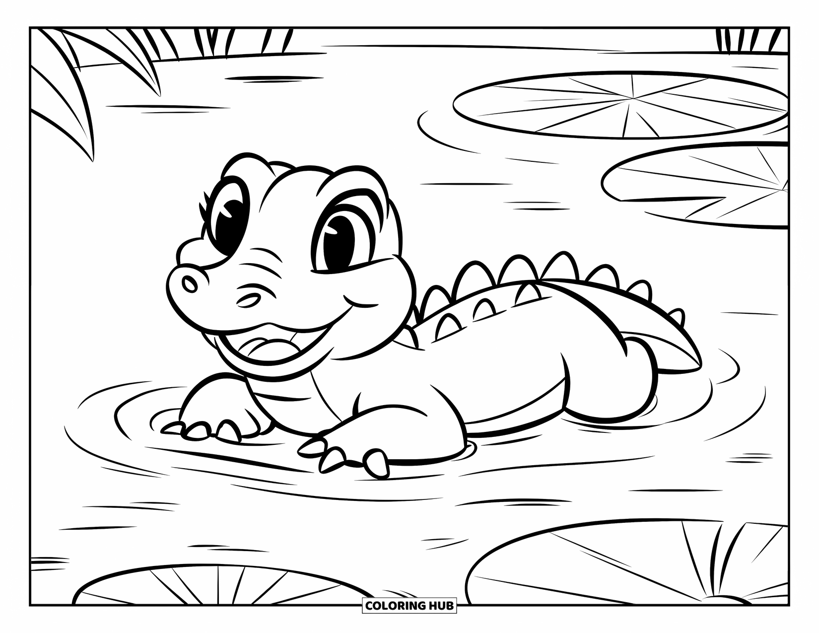 Reptile Coloring Page for Kids: Happy baby croc rests in a lake filled with lily pads