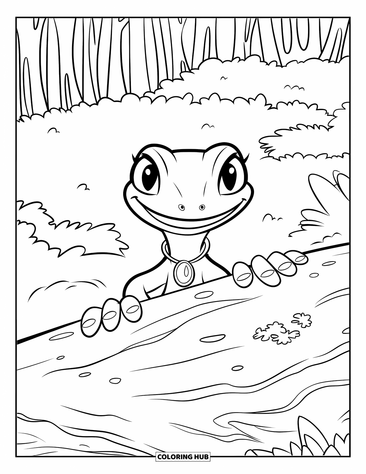 Reptile Coloring Page for Kids: Happy gecko peeks from behind a rock in a forest