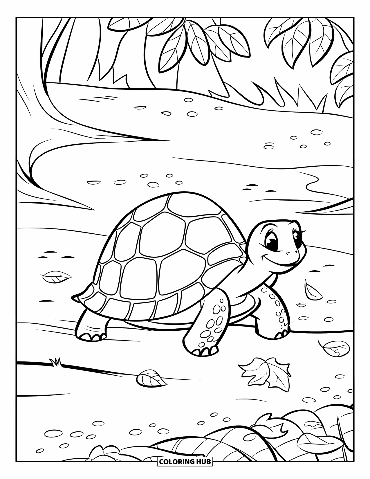Reptile Coloring Page for Kids: Happy tortoise walks through leaves and tall trees