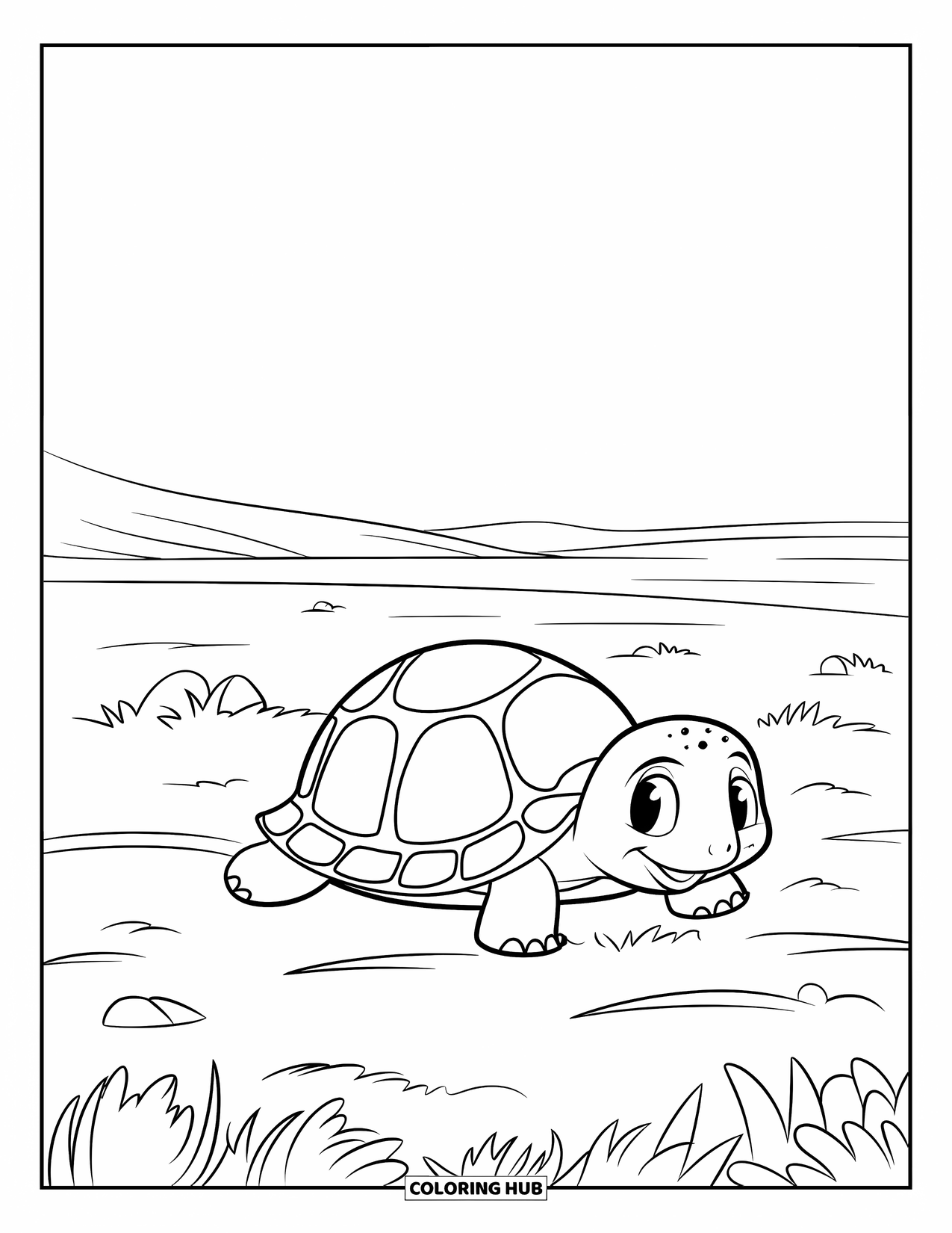 Reptile Coloring Page for Kids: Happy turtle crawls across a grassy field with small rocks nearby