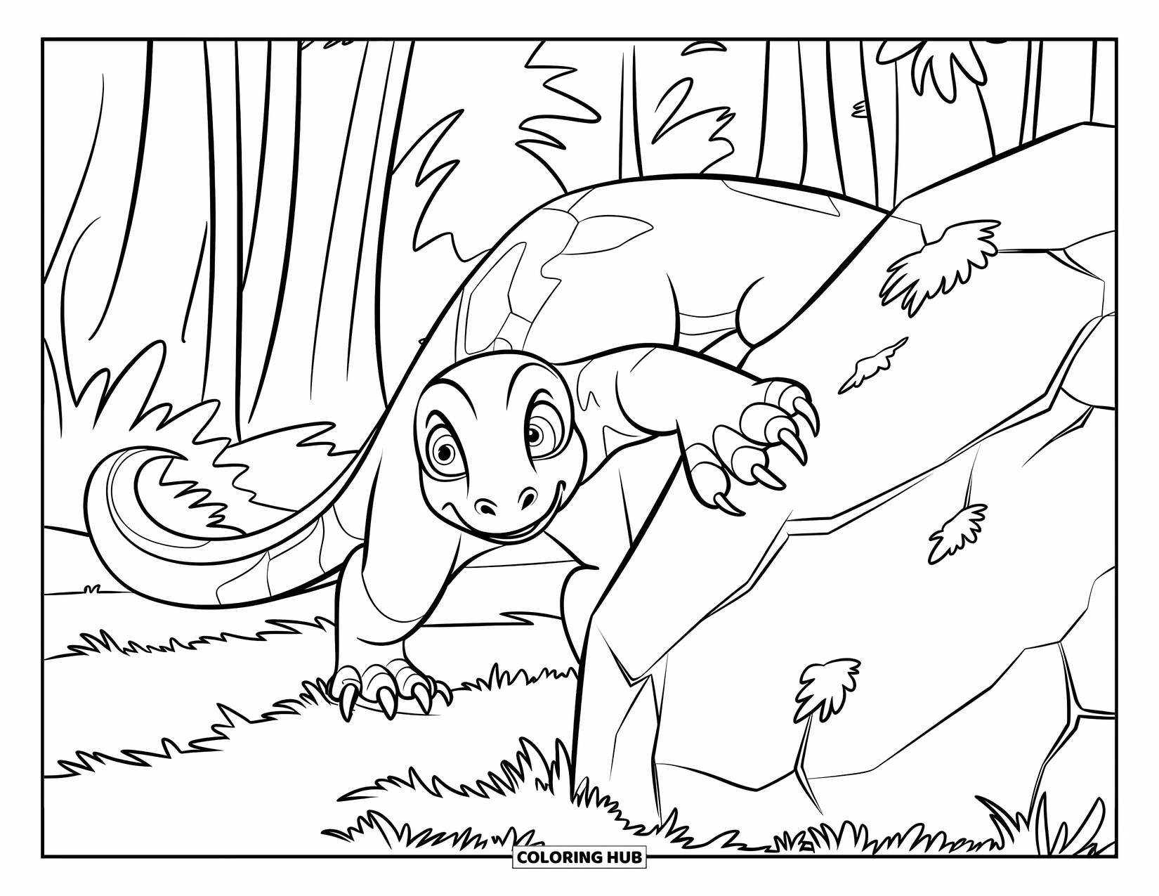 Reptile Coloring Page for Kids: Komodo dragon ready to pounce behind a mossy forest rock