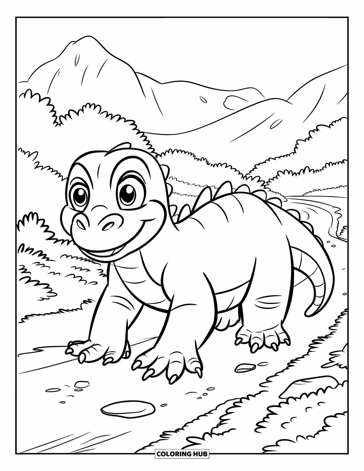 Reptile Coloring Page for Kids: Komodo dragon smiles while walking along a rocky forest trail