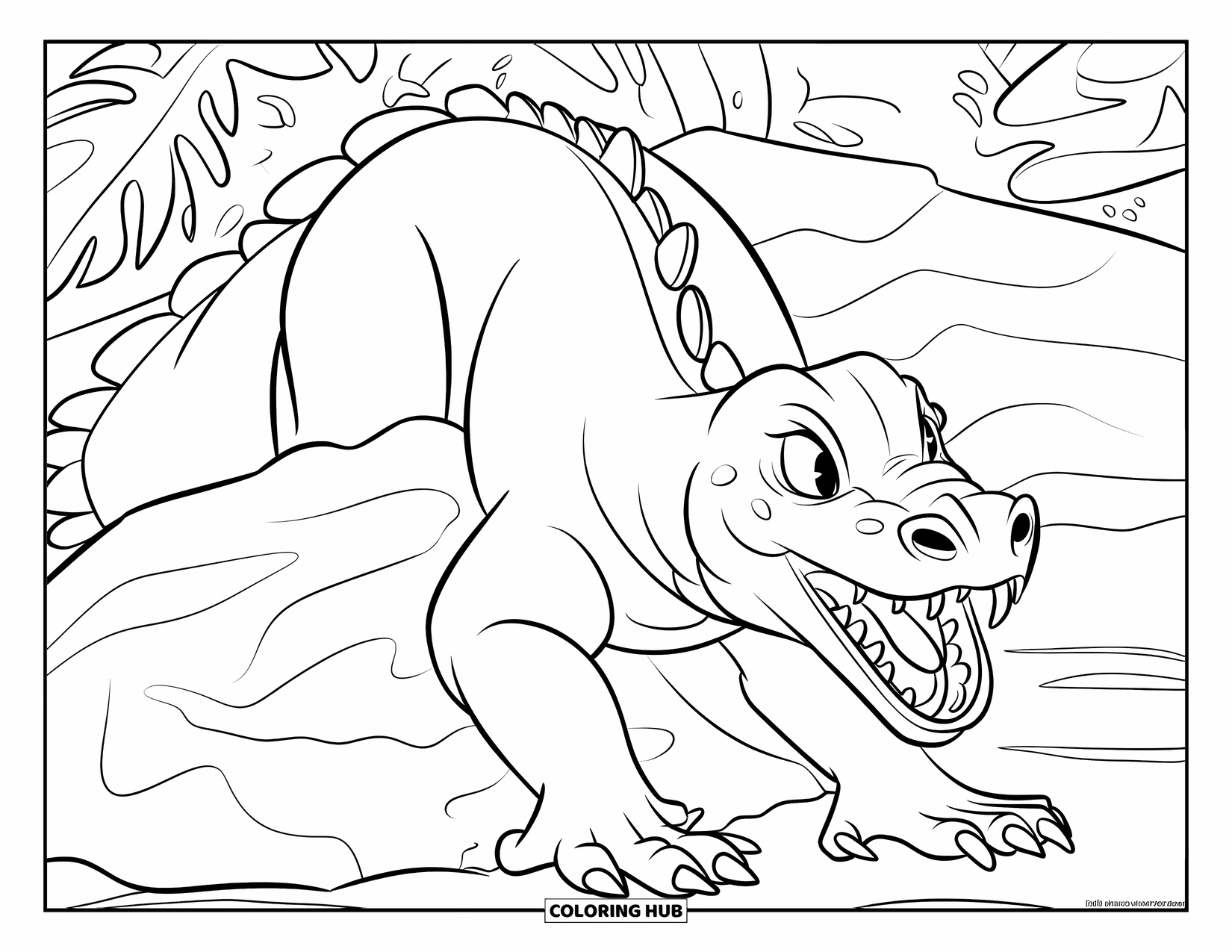 Reptile Coloring Page for Kids: Komodo dragon stalks behind a rock with its mouth open