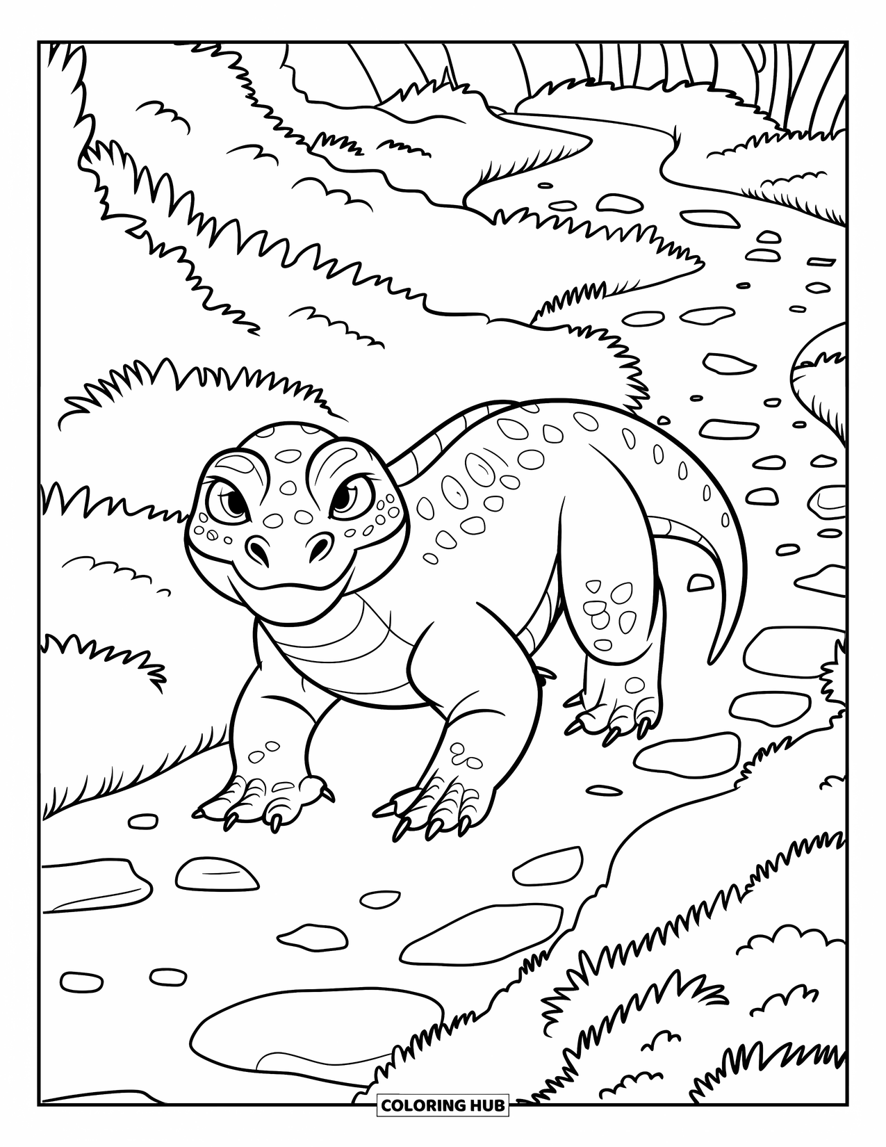 Reptile Coloring Page for Kids: Komodo dragon with scaly skin walks through a lush, rocky trail