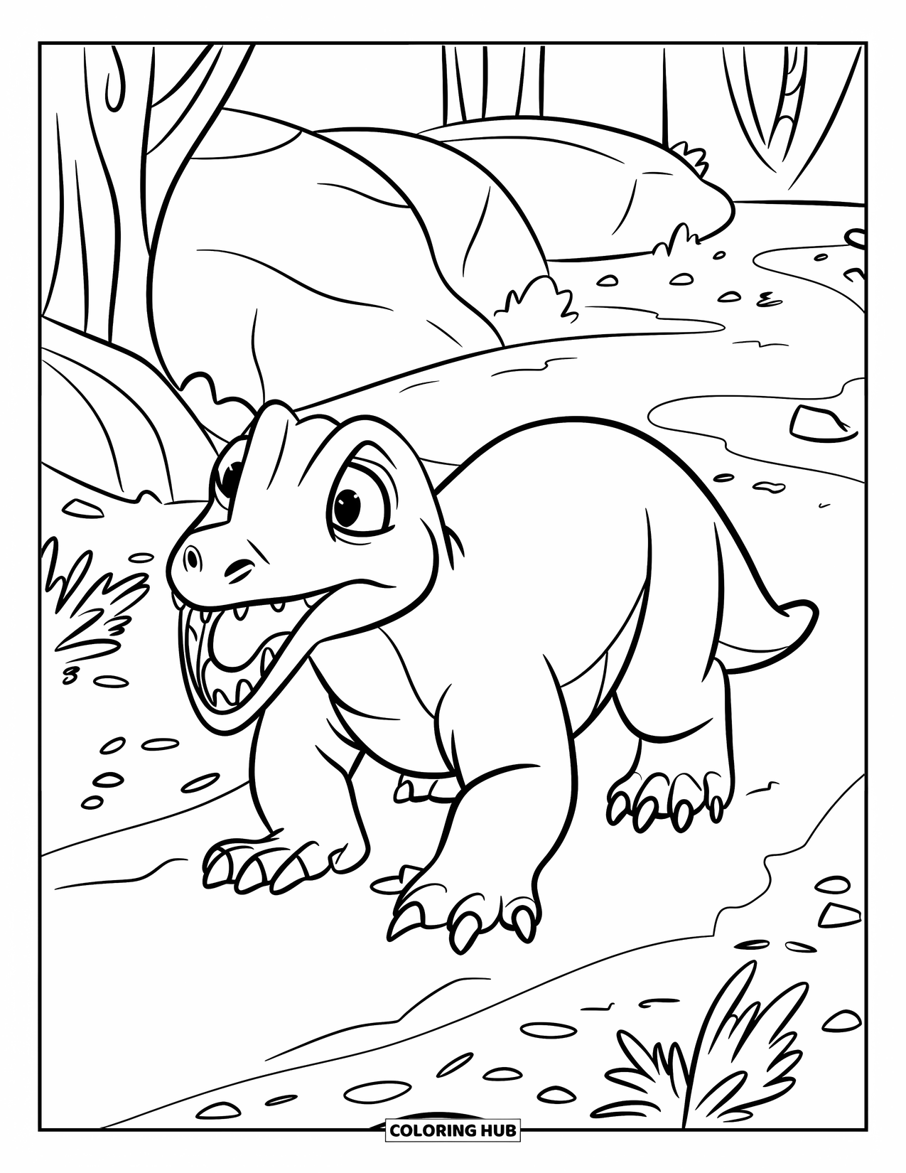 Reptile Coloring Page for Kids: Komodo dragon with sharp teeth strolls past rocks and trees