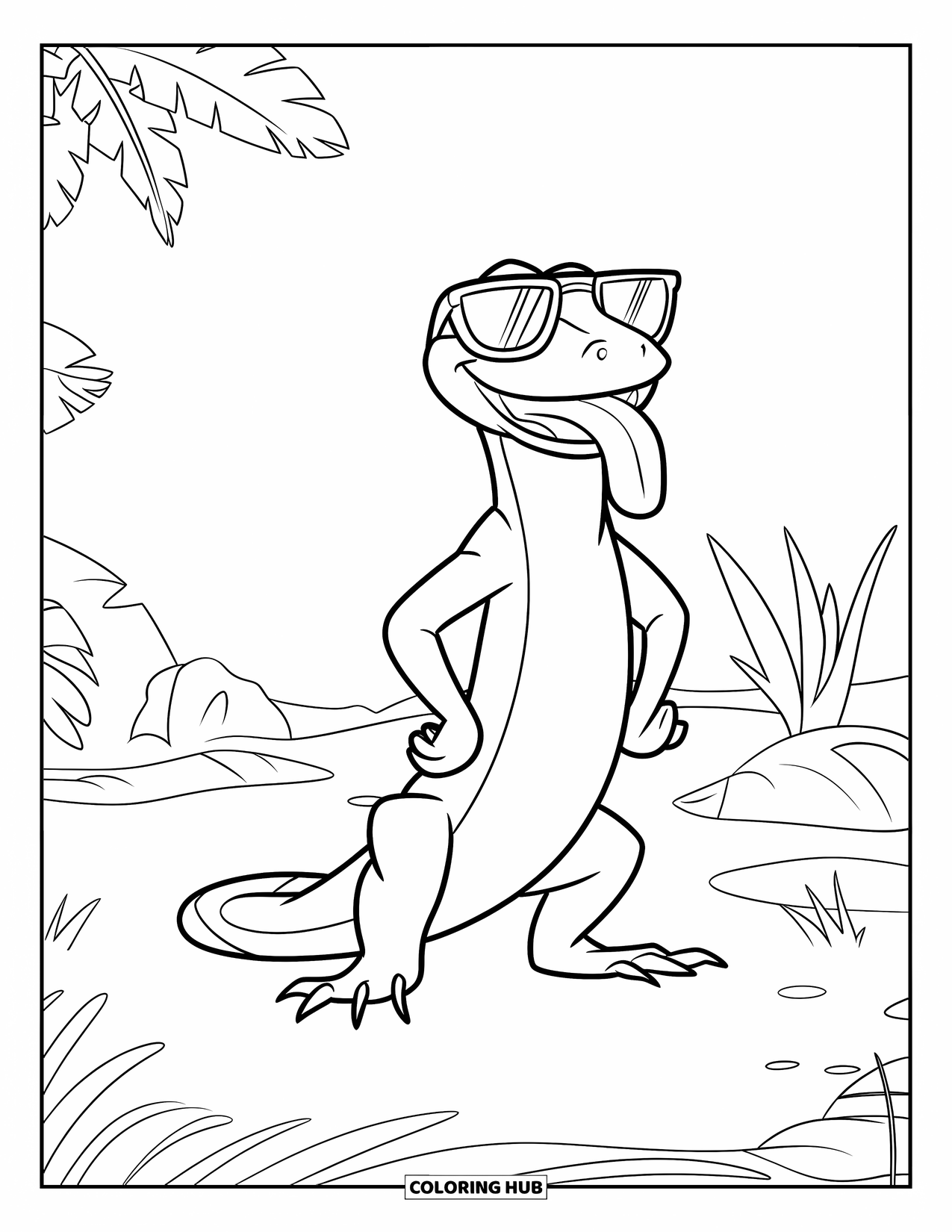 Reptile Coloring Page for Kids: Lizard in sunglasses stands upright in a sunny, peaceful spot