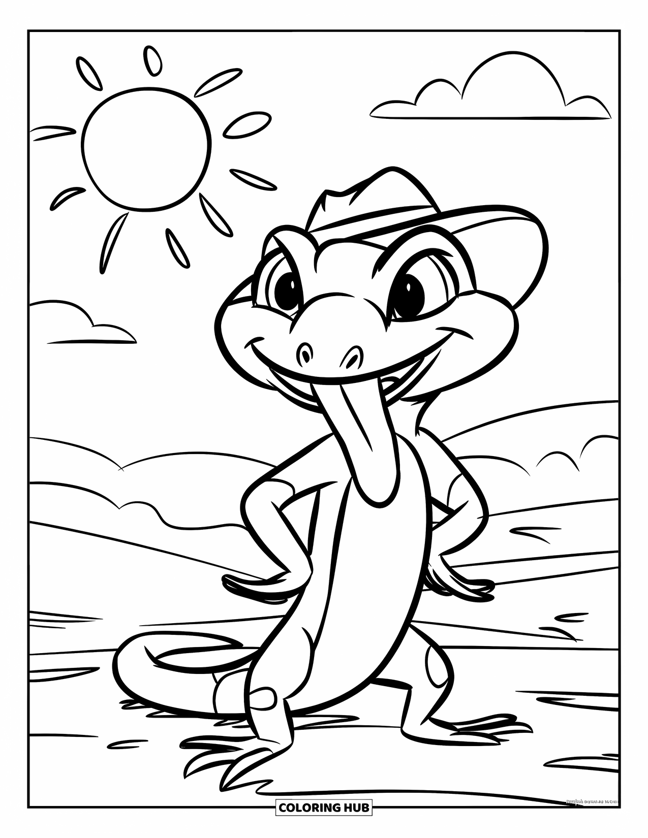 Reptile Coloring Page for Kids: Lizard with tongue out stands happily under a sunny sky