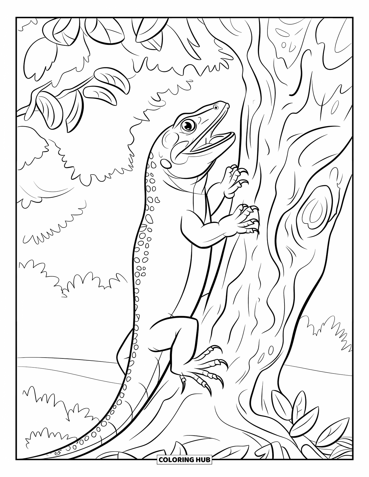 Reptile Coloring Page for Kids: Monitor lizard climbs a tree with sharp teeth and scaly skin