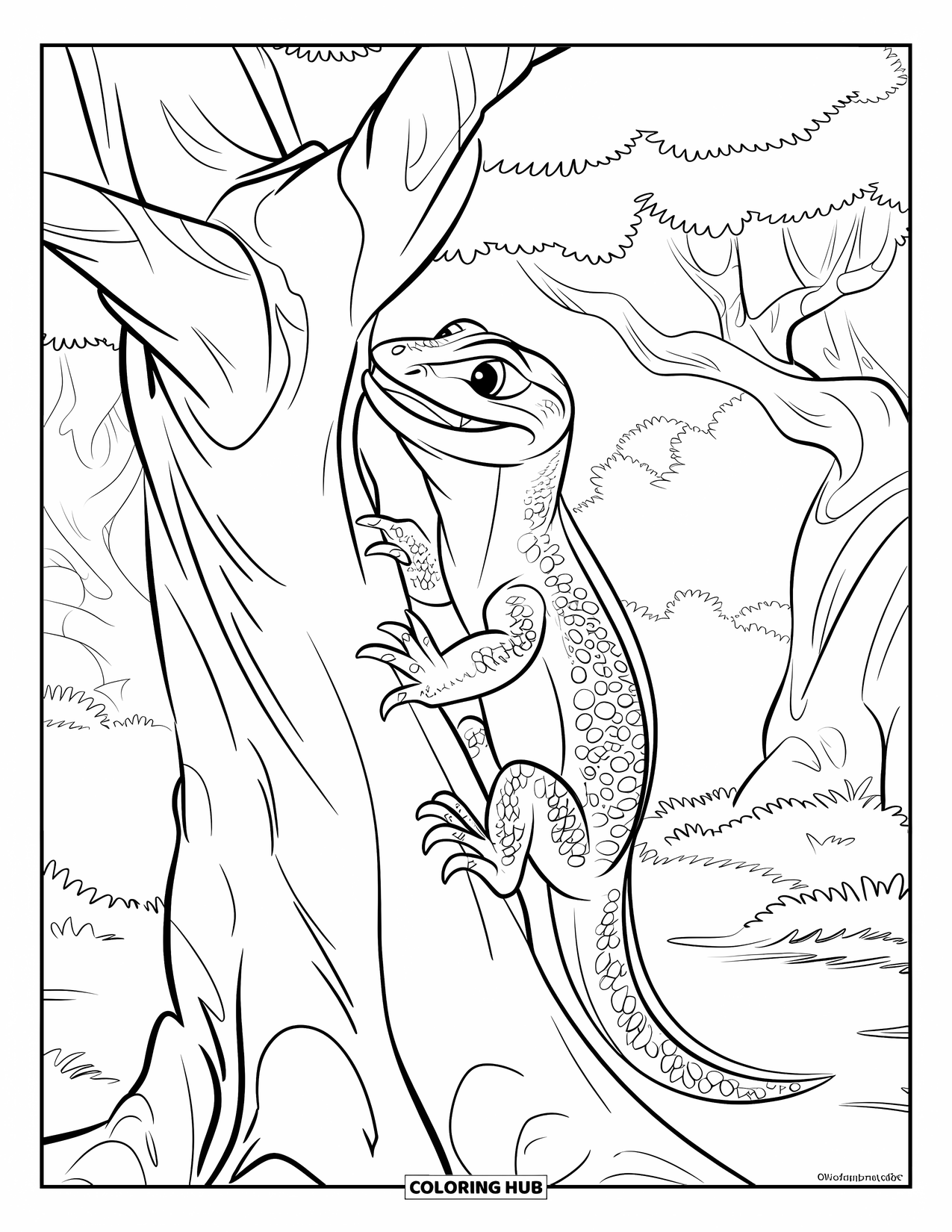 Reptile Coloring Page for Kids: Monitor lizard climbs tree with twisted branches in the forest