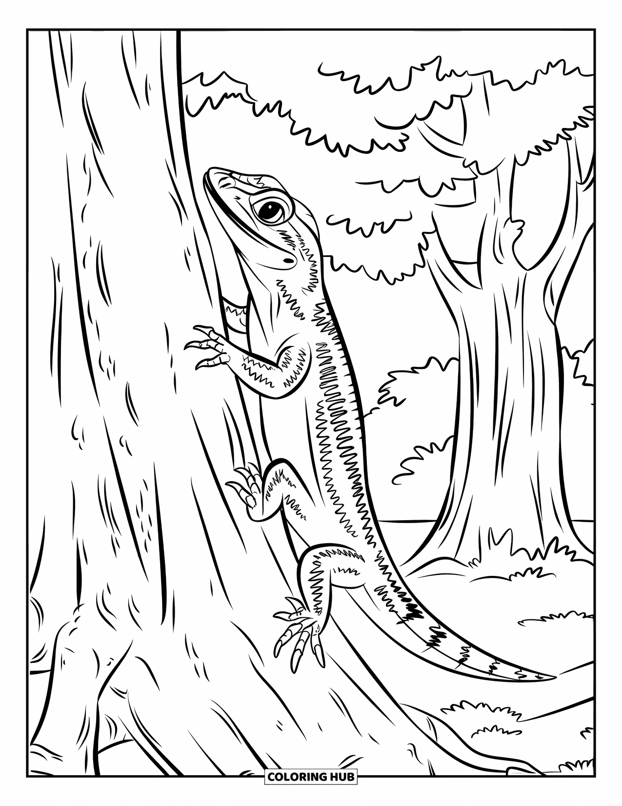 Reptile Coloring Page for Kids: Monitor lizard on a tree with rough bark and open mouth