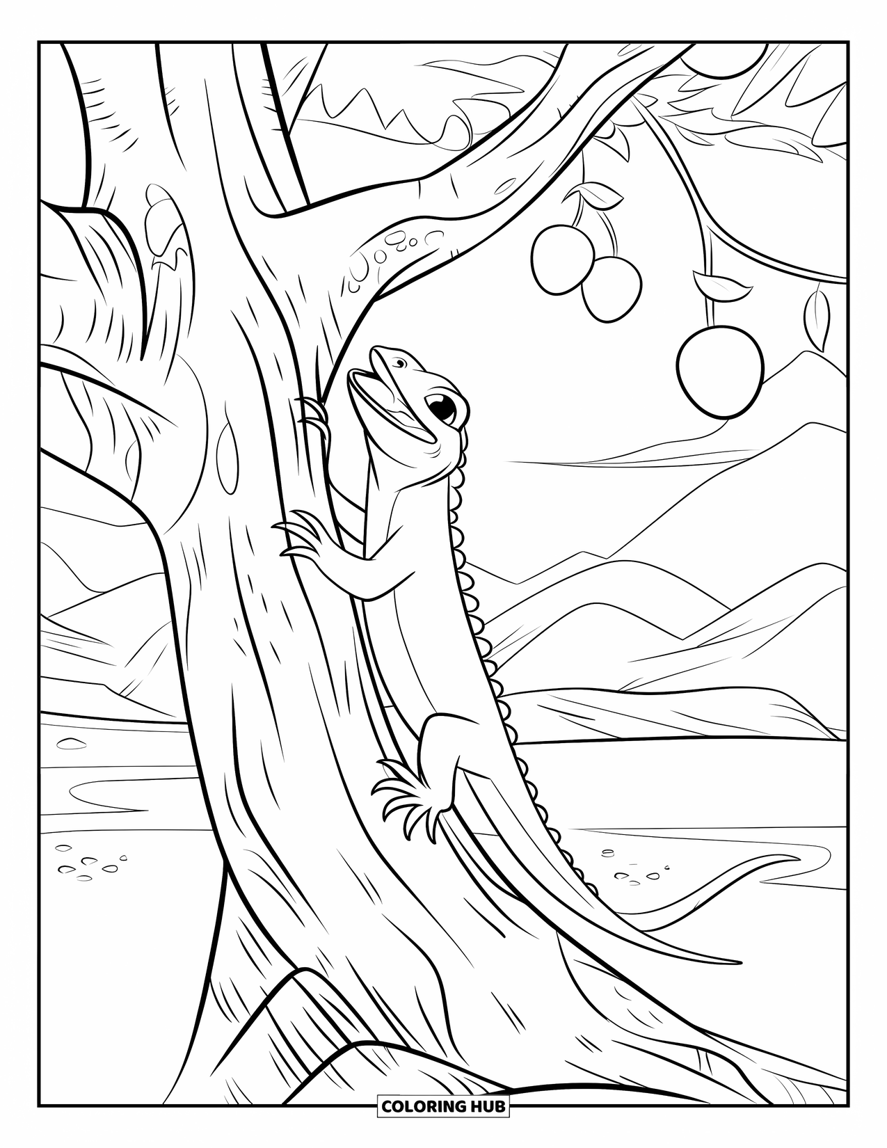 Reptile Coloring Page for Kids: Monitor lizard on tree near large fruits and mountain view