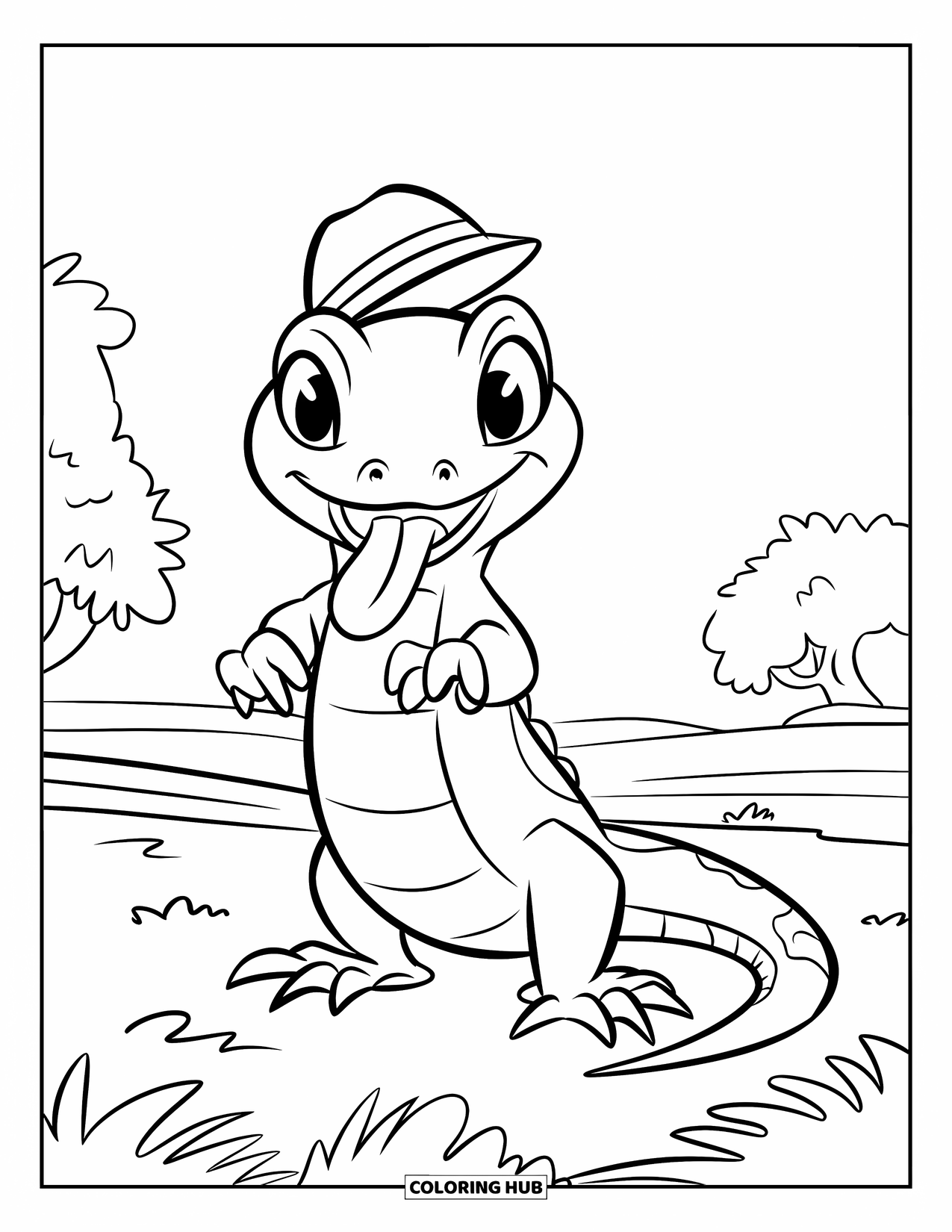 Reptile Coloring Page for Kids: Playful lizard in a hat stands upright with its tongue out